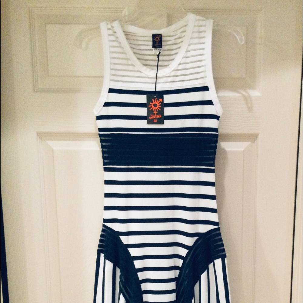 JEAN PAUL GAULTIER NAVY/WHITE STRIPE HANDKERCHIEF HEM DRESS SEMI SHEER SIZE XS